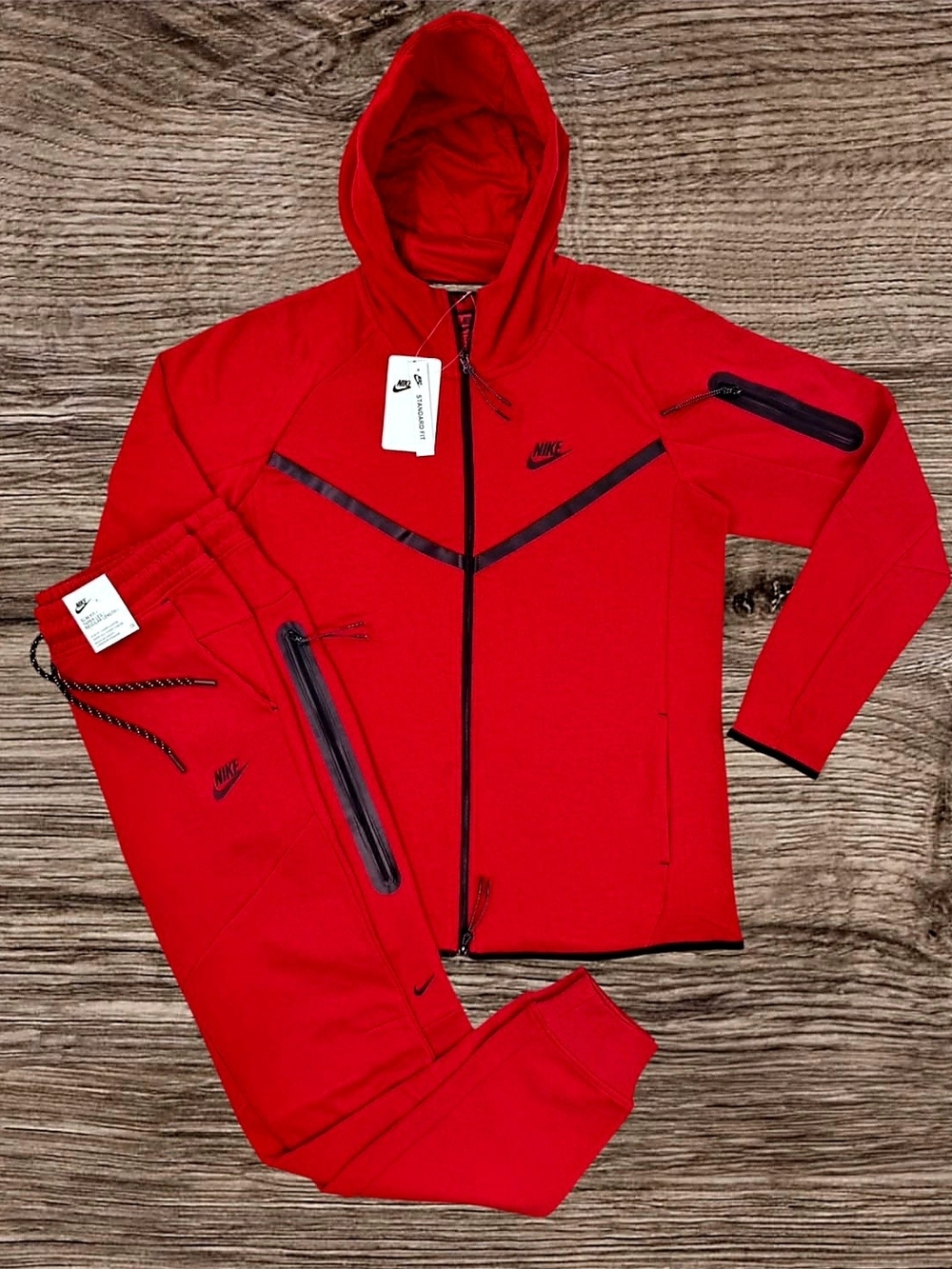 Nike Red Men's Hooded Zip Puffer Jacket and Joggers Set